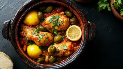 Traditional moroccan chicken tagine with olives and preserved lemons served in a clay pot, showcasing authentic north african cuisine with aromatic spices, tender slow-cooked meat, and a rich savory s
