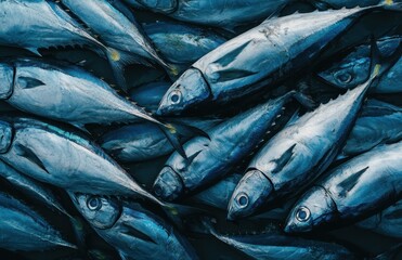 Fototapeta premium Freshly Caught Bluefin Tuna Piled Together on a Fishing Boat Deck, Showcasing Rich Ocean Colors and Texture in a Marine Setting
