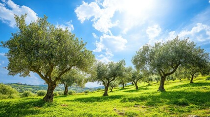 Obraz premium Lush Green Olive Grove Under Bright Blue Sky with Fluffy Clouds and Sunlight
