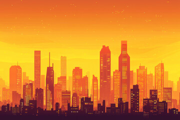 Fototapeta premium A futuristic city skyline at dusk with warm orange tones and open space. vivid colors create crisp atmosphere