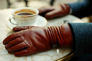 Elegant Wristwatch with Brown Leather Glove and Coffee on Marble Table Setting