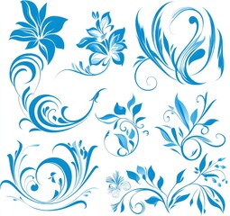Blue floral design elements; swirls, leaves, flowers.