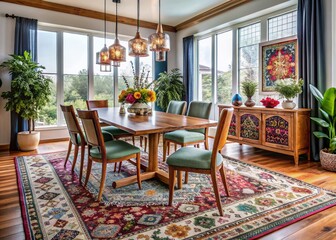 Fototapeta premium Elegant Dining Room Rug Designs: Modern & Traditional Area Rugs for Elegant Spaces