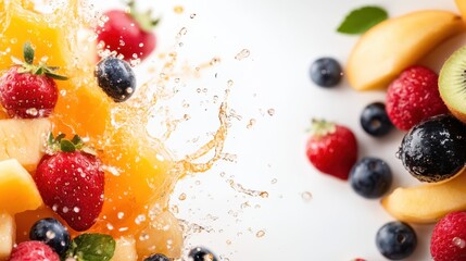 Colorful mixed fruits splashing into refreshing juice on a bright background