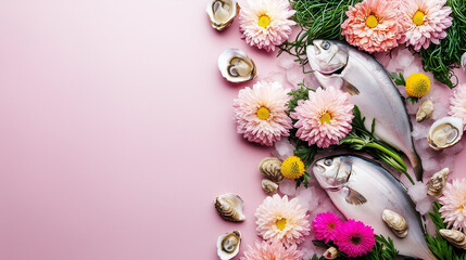 Japanese Aji & Oysters Flatlay – Elegant Seafood, Chrysanthemums, Shiso Leaves & Bamboo Tray for Culinary Blogs & Stationery Design