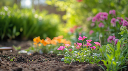Colorful flowers blooming in a vibrant garden - Image on the theme of ecology, recycling for textbooks, online courses, reports and brochures of environmental organizations, educational instituti