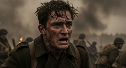 Obraz premium Caucasian soldier with intense expression in battlefield. War film scene. Dramatic portrait of young man in military uniform. Cinematic shot for Memorial Day or Veteran's Day