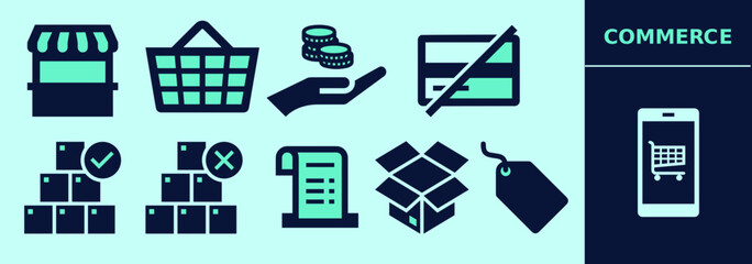 Commerce icon set with boutique, shopping basket, label, opened box, inventory, boxes, credit card, receipt, coins, phone app.