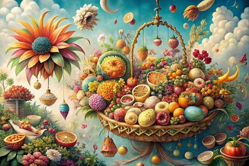 Elegant Floral Hanging Basket Doodle Food Illustration - Whimsical Culinary Art