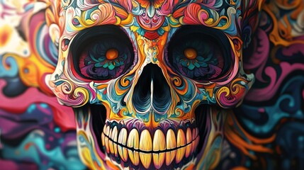 Vibrant Colorful Skull Artistic Digital Painting Intricate Floral Design Psychedelic Ornate Detailed Abstract Modern Fantasy Art Graphic Illustration 