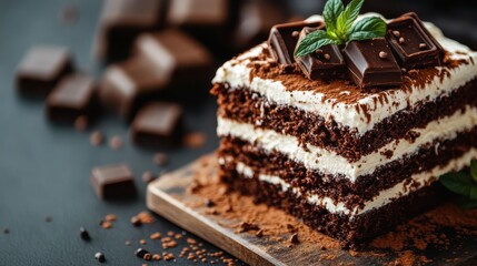 Indulgent chocolate cake with mascarpone on rustic wooden table