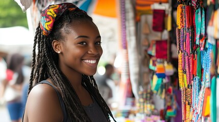 Fototapeta premium Happy African Woman Smiling at Market Colorful Braids Headwrap African Fashion Vibrant Street Style Portrait Beautiful Black Girl Joyful Expression 