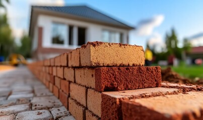 Close-Up View of Newly Laid Bricks on a Construction Site with a House in Background