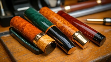 Collection of Elegant Handcrafted Fountain Pens in Various Colors and Designs on Wooden Surface