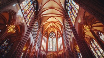 Gothic Cathedral's Interior, Stained Glass, Light