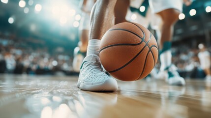 Close-up of a basketball rolling on a polished court in a game