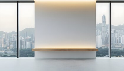 Fototapeta premium Modern minimalist room with city view and wooden shelf