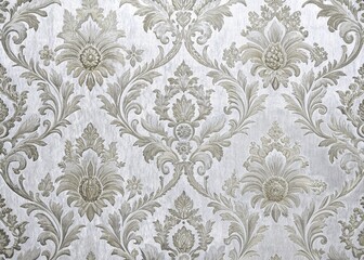 Fototapeta premium Elegant Gray Damask Floral Wallpaper Fabric Textile Design on Textured White Background - Panoramic