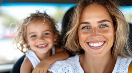 Smiling mother and daughter enjoying a joyful car ride on a sunny day