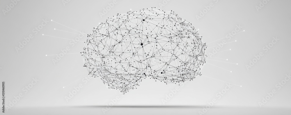 Poster a simple gray background with an illustration of the brain made up of interconnected dots and lines,