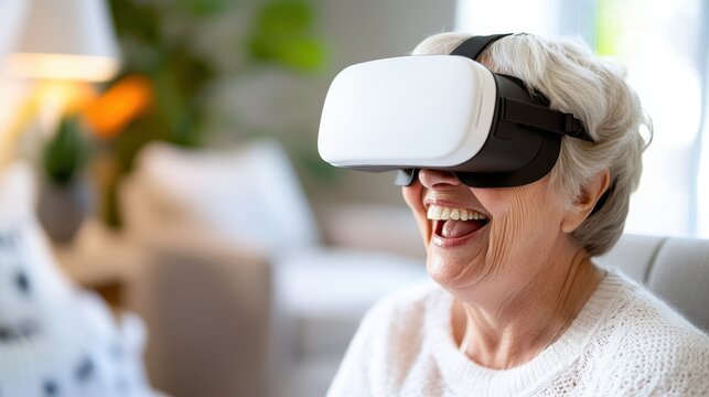Elderly woman embraces virtual reality for a joyful gaming experience