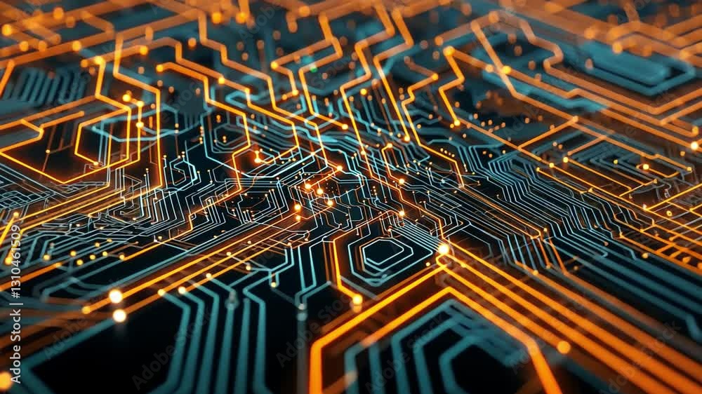 Poster vibrant abstract digital circuit board showcasing glowing lines and nodes, with intricate patterns t