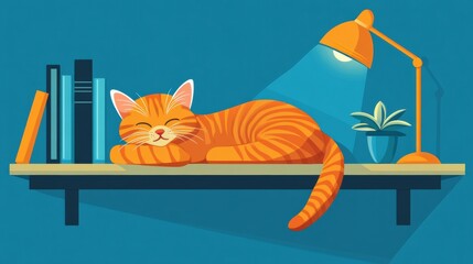 A cozy cat sleeps on a bookshelf, tail dangling. Warm lighting, books, and plants in the background
