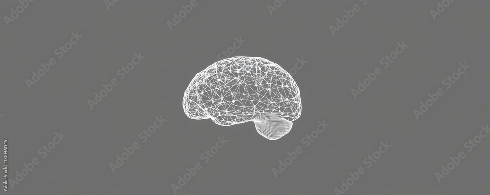 Poster a minimalistic gray background with an illustration of the human brain made up of many lines and dot
