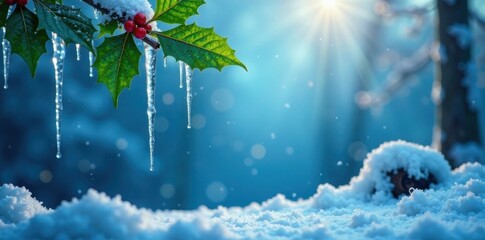 Icy icicles and delicate holly leaves suspended in a calm blue atmosphere, serene, blue, ornaments