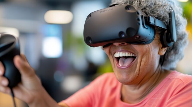 Joyful senior woman immersed in virtual reality gaming experience