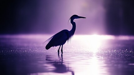 Fototapeta premium Heron Silhouette at Dawn, Water Reflection
