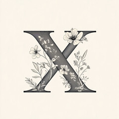 Xx of the alphabet monochrome. A capital letter in a sleek with floral elements within its structure