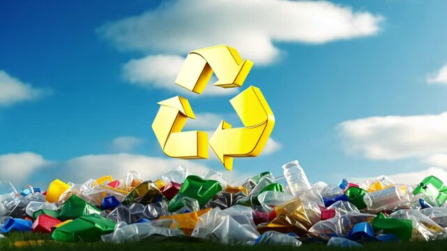 Recycle Symbol over Plastic Waste Pile: A Call for Environmental Responsibility