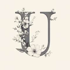 U of the alphabet monochrome. A capital letter in a sleek with floral elements within its structure