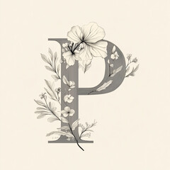  P of the alphabet monochrome. A capital letter in a sleek with floral elements within its structure