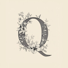  Q of the alphabet monochrome. A capital letter in a sleek with floral elements within its structure