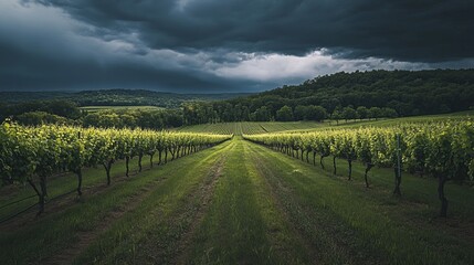 Fototapeta premium Serene Vineyard Landscape Under Dramatic Storm Clouds Lush Green Grapevines Rolling Hills Picturesque Scenery Dramatic Sky Vineyard Rows Nature 