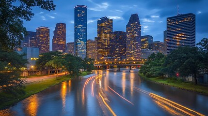 Obraz premium Houston Skyline, Twilight Cityscape, River, Lights