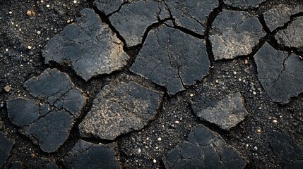 Fototapeta premium Cracked asphalt surface with deep fractures and rough texture showing dark pavement with broken gaps and natural patterns