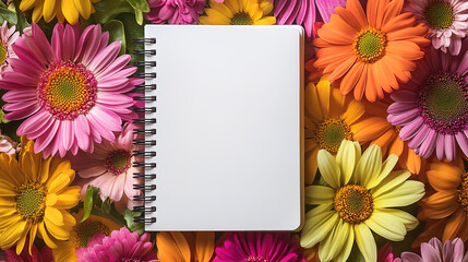 A blank notebook on a fresh and artistic background of flowers