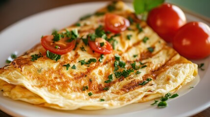 Delicious plain omelette garnished with fresh tomatoes and herbs