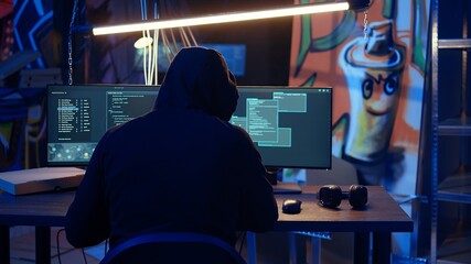 Hooded man in underground hideaway utilizing technical knowhow of bugs and exploits to break into...