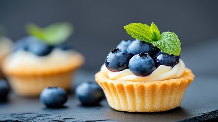 Delightful blueberry tarts topped with fresh mint on a summer day