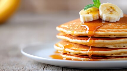 Delightful pancakes topped with banana, walnut, and caramel syrup