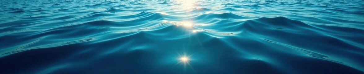 Obraz premium Deep sea ocean surface reflected in dark blue waters with scattered sunlight beams, seawater, scattered light