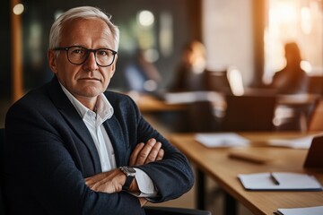 Fototapeta premium Senior businessman sitting with crossed arms in modern office, copy space