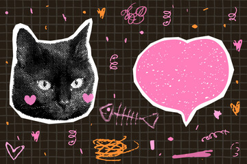 Cute black cat face vector halftone collage with heart shaped speech bubble, doodle fish bone, Half tone fun kitty head on dark paper background
