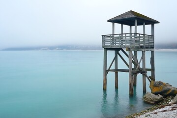 Watchtower Structure At Shoreline During Foggy Weather