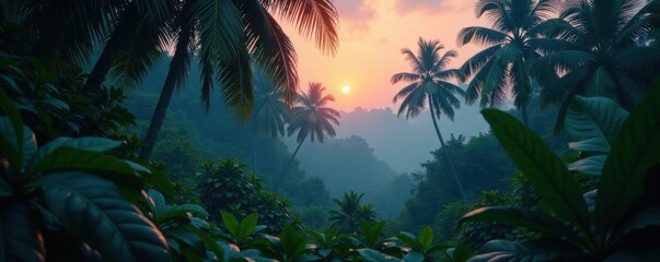 Dense foliage sways in the misty atmosphere of a tropical jungle at dusk, foliage, dusk