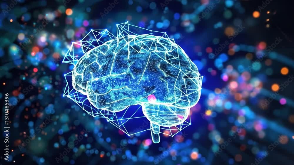 Poster digital brain glowing connections and abstract particles in neural science and technology, symbolizi